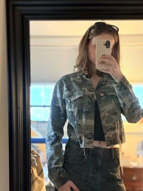 Dear John Cropped Camo Jean Jacket in Green